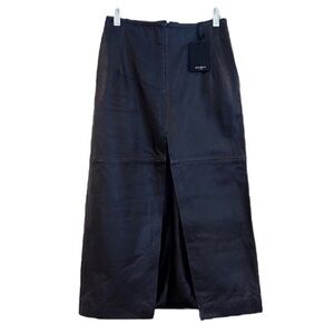 Muubaa Zoe Black Leather A Line Split Front Classic Designer Midi Skirt US 2 NWT